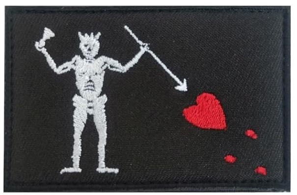 “Front view of the Blackbeard Tactical Patch featuring embroidered pirate flag and rugged stitching – Hannah Duston.”